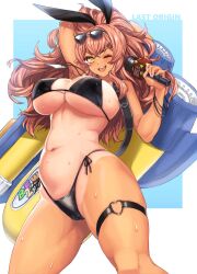 a-14b_spriggan armpits bikini black_bikini breasts female glasses last_origin long_hair microphone missile one_eye_closed one_piece_tan ponytail sunglasses_on_head swimsuit tan tanline watergun whooosaku