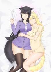 2girls black_hair blonde_hair blush cat_ears cat_tail catgirl female female_only fox_ears fox_girl ina_(raki991) long_hair multiple_girls pajamas pillow pixiv raki991 sleeping thighhighs tsuki_(raki991) wholesome yuri