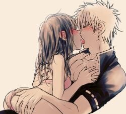 1boy 1girls ass_cleavage ass_grab black_hair blush bra butt_crack drooling female french_kiss genderswap_(mtf) gintama gintoki_sakata hand_on_ass hijikata_toshiro kissing long_hair looking_at_another male mame_(pixiv) open_shirt panties pink_bra pink_panties rule_63