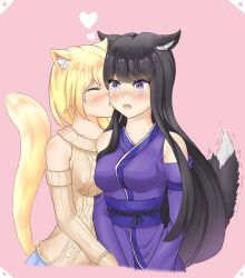 2girls black_hair blonde_hair blush cat_ears cat_tail catgirl female female_only fox_ears fox_girl ina_(raki991) kissing long_hair open_mouth pink_background pixiv purple_eyes raki991 shaking shocked skirt tsuki_(raki991) wholesome yuri