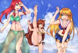 2d 3girls beach big_breasts bikini blazblue blonde_hair breasts brown_hair byakkun female female_focus female_only green_eyes highres kicking long_hair makoto_nanaya multiple_girls noel_vermillion one_eye_closed ponytail red_hair short_hair splash splashing splashing_water tagme thick_thighs thighs tsubaki_yayoi water wet