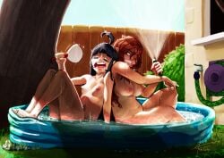 2girls 4chan black_hair breasts brown_hair casual casual_nudity completely_nude completely_nude_female eltonel female female_only full_body gilda_mars human kiddie_pool long_hair mrgorby naked naked_female navel nipples nonsexual_nudity nude nude_female original pale_skin pool short_hair vivian_james water_hose wet wet_body