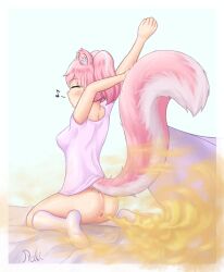 1girls anus ass bed closed_eyes cute fart fart_cloud farting female female_only fiona_(raki991) fluffy fluffy_tail musical_note pink_hair pink_tail pixiv raki991 skunk skunk_ears skunk_girl skunk_tail socks waking_up whistling