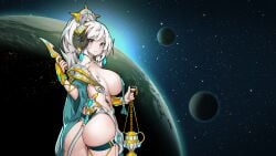 1girls big_ass big_breasts big_horns female human mod religious_clothing revealing_clothes rimworld shy space stmaster tagme weapon