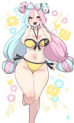 1girls alternate_breast_size bikini blue_hair blush breasts female gym_leader hair_ornament hi_res hips iono_(pokemon) kenron_toqueen large_breasts light-skinned_female light_skin long_hair nintendo pink_eyes pink_hair pointy_teeth pokemon pokemon_sv sharp_teeth slim_waist smile solo swimsuit thick_thighs thighs two_tone_hair white_background wide_hips