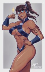 1girls :d abs aqua_eyes artist_name avatar_legends bare_shoulders big_breasts bikini bodybuilder breasts brown_hair clenched_hand confident cute dark-skinned_female dark_skin female flexing_bicep grey_background hair_tubes hand_on_hip iahfy korra large_breasts long_hair looking_at_viewer muscular muscular_female navel open_mouth ponytail posing showing_off simple_background six_pack smile solo sparkle standing swimsuit tattoo the_avatar the_legend_of_korra thick_thighs thighs tomboy underboob water_tribe