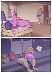 2020 absurd_res anthro appliance ass backpack bed big_breasts big_bulge big_butt blonde_hair blonde_highlights bottomwear box breasts brown_body brown_fur brown_hair bubble_butt buckteeth bulge cath_(pork_eh) cerealharem_(artist) cleavage clothed clothing comic container crop_top curvaceous curvy_figure cutoffs denim denim_clothing detailed_background dialogue digital_drawing_(artwork) digital_media_(artwork) dildo english_text eyelashes eyeshadow feet floppy_ears fluffy fluffy_tail fridge fur furniture gynomorph hair hand_on_hip hand_on_own_hip hi_res highlights_(coloring) hourglass_figure huge_breasts huge_butt inside intersex kitchen_appliance lagomorph leporid lipstick long_hair lube lube_bottle makeup mammal midriff multicolored_body multicolored_fur multicolored_hair off_shoulder outside patch_(pork_eh) pawpads photo pink_hair pink_highlights pink_lipstick pork_(cerealharem) pork_(mellogspornflakes) rabbit raining sex_toy shirt short_tail shorts sitting skimpy small_waist solo tan_body tan_fur teal_eyes teeth text thick_thighs thong thong_above_shorts thong_straps toes topwear two_tone_body two_tone_fur under_boob underwear voluptuous webcomic wide_hips wink_(pork_eh)