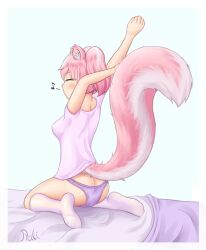 1girls ass_cleavage bed butt_crack closed_eyes cute female female_only fiona_(raki991) fluffy fluffy_tail musical_note panties pink_hair pink_tail pixiv purple_panties raki991 skunk skunk_ears skunk_girl skunk_tail socks waking_up whistling