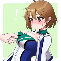 ! bandaid bandaid_on_face blush breasts brown_eyes brown_hair cypress female kantai_collection large_breasts nose_blush oboro_(kantai_collection) official_alternate_costume race_queen short_hair solo_focus upper_body zipper zipper_pull_tab