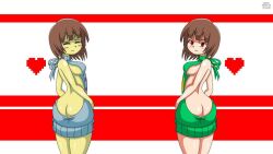 2girls alternate_version_available angry angry_face ass ass_focus blush breasts brown_hair chara closed_eyes clothed clothing female female_only frisk heart looking_at_viewer multiple_girls pale_skin red_eyes soul tan_skin text text_box undertale undertale_(series) virgin_killer_sweater white_skin yellow_skin zayzayo