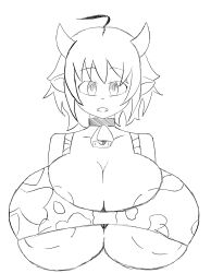 bell_collar big_areola cow_girl cow_print doodle drawn female_minotaur gigantic_breasts horn huge_breasts ishuzoku_reviewers kuruman milky_(ishuzoku_reviewers) minotaur monster_girl tight_clothing white_background