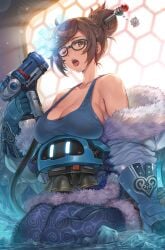 1girls bare_shoulders big_breasts blizzard_entertainment blue_coat breast_press brown_hair cooling_off female female_only fully_clothed fur_coat glasses gloves hagure_keg hair_ornament huge_breasts ice kneeling mei_(overwatch) overwatch overwatch_2 snowball_(overwatch) sweat tongue tongue_out