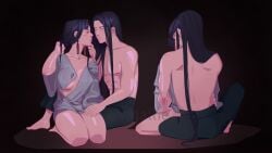 1boy 1girls black_hair blush dark_hair earrings female hyuuga_neji long_hair long_hair_male looking_at_another male multiple_views naruto naruto_(series) naruto_shippuden partially_clothed sitting tenten topless_male undressing very_long_hair wearing_others_clothes