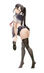 black_hair blush female genshin_impact highres l_ract long_hair looking_at_viewer miniskirt mona_(genshin_impact) penis school_uniform skirt solo_focus stockings tagme thighhighs twintails