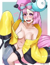 1girls blue_and_pink_hair breasts condylonucla eye_contact female female_focus female_only game_freak gym_leader hair_ornament iono_(pokemon) legwear legwear_only long_hair looking_at_viewer nintendo pokemon pokemon_(game) pokemon_sv purple_eyes pussy sharp_teeth sitting solo thighs twintails two_tone_hair