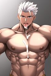 1boy ai_generated archer_(fate) cum cum_in_mouth emiya_shirou fate_(series) muscular nai_diffusion stable_diffusion