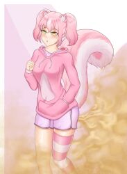 1girls fart fart_cloud farting female female_only fiona_(raki991) fluffy fluffy_tail hoodie kneehighs pink_hair pink_tail pixiv raki991 shorts skunk skunk_ears skunk_girl skunk_tail twintails