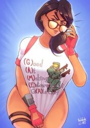 1girls big_breasts breasts brown_eyes dark-skinned_female dark_hair epic_gamer_moment female female_only fingerless_gloves fortnite funny gamer gamer_girl glasses halo_(series) large_breasts master_chief maven meme parkdale shirt_on solo t-shirt thick_thighs wide_hips