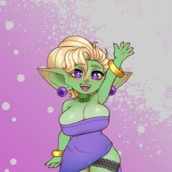 1girls arm_up armpits big_breasts blonde_hair bracelet breast_press cleavage dress earrings female female_only goblin goblin_female gobtober green-skinned_female green_skin greeting halle_(simmsy) imaginaricide legband looking_at_viewer pointy_ears purple_eyes shortstack smiling smiling_at_viewer solo weaponized_thickness yellow_sclera