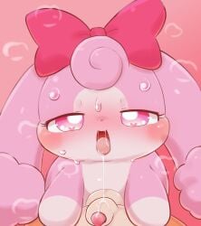 <3_eyes anthro badwingm balls blush bodily_fluids cocotama duo female foreskin fur genitals heart hi_res himitsu_no_cocotama male male/female melory melory_(cocotama) open_mouth penis pink_background pink_body pink_bow pink_eyes pink_fur saliva saliva_string semi-anthro simple_background sweat tongue tongue_out