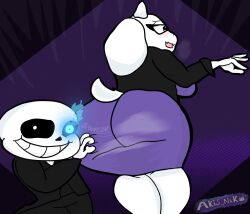 1boy 1girls 2d akis_neko anthro ass_grab ass_in_dress big_ass big_breasts breasts bubble_butt female female_anthro furry grabbing_ass huge_ass male sans straight toriel touching_ass undertale undertale_(series)