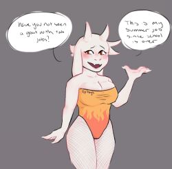 1girls 2d cleavage_overflow english_text female female_only fishnets makeup nsfwbunniii smile solo talking talking_to_viewer text toriel undertale undertale_(series)