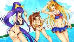 2d 3girls beach big_breasts bikini blazblue blonde_hair breasts brown_eyes brown_hair byakkun female female_focus female_only green_eyes highres long_hair long_ponytail mai_natsume makoto_nanaya multiple_girls noel_vermillion one_eye_closed ponytail purple_hair short_hair splash splashing squirrel_girl tagme tail thick_thighs thighs water wet