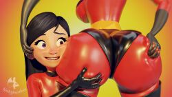 2girls 3d ass ass_focus ass_grab ass_worship black_hair blender bodysuit boots butt_squish disney elastigirl female female_only gloves helen_parr huge_ass incest kinkyincubus large_ass mother_and_daughter pixar skin_tight smooth_skin squish superheroine the_incredibles thick_ass violet_parr wide_hips yuri