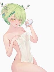 beauty_mark bedroom_eyes ceres_fauna chyraliss flower_in_hair green_hair hand_on_breast hololive hololive_english hololive_english_-council- hololive_english_-promise- horns mostly_nude nude pouring pouring_on_breasts pouring_on_self single_braid sitting towel towel_only virtual_youtuber white_background