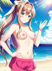 1girls ai_generated arm_up beach blush bow breasts breasts_out brown_hair clouds delcos doki_doki_literature_club female fingernails green_eyes leafs looking_at_viewer male_swimwear_challenge monika_(doki_doki_literature_club) nail_polish no_bra ocean pink_nails pink_shorts ponytail public_topless sand short shorts smile smiling smiling_at_viewer solo sun sunny topless water white_bow