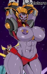 abs areolae arms_over_head big_breasts breasts female female_focus female_only lordstars massive_breasts muscular muscular_female nipple_piercing nipples robot robot_girl rodimus_prime six_pack strika topless topless_female transformers transformers_animated