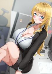 1girls 2022 aged_up alternate_breast_size alternate_version_available blonde_hair blue_eyes blush bra bra_peek breasts cleavage closed_mouth collarbone crossed_legs cubicle desk dress_shirt female female_only hair_between_eyes highres huge_breasts indoors iro_(boo_iro) kousaka_kirino lanyard large_breasts long_hair long_sleeves looking_at_viewer office office_lady on_desk ore_no_imouto_ga_konna_ni_kawaii_wake_ga_nai partially_unbuttoned pencil_skirt shirt sidelocks sitting sitting_on_desk skirt smile solo solo_female underwear wavy_hair