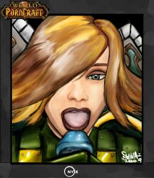 2009 blizzard_entertainment blonde_hair blue_skin handjob human human_(world_of_warcraft) imminent_fellatio imminent_oral light-skinned_female light_skin millee original_character penis shina warcraft world_of_warcraft