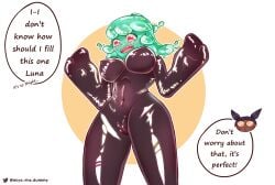 1girls big_breasts blush cameltoe concerned english_text female female_focus female_only green_hair juno_(omega_strikers) latex latex_suit miyo_uwu omega_strikers pink_eyes shiny shiny_clothes slime slime_girl small_waist solo solo_focus speech_bubble thick_thighs tight_clothes tight_clothing twitter_logo twitter_username