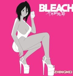 1girls black_hair bleach bleach:_the_thousand-year_blood_war crouching high_heels kuchiki_rukia monotone_body pink_background shihouinsutara short_black_hair short_hair side_boob solo_female thighs toes white_can white_dress white_eyelashes white_high_heels white_nails zhingmei