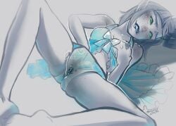 abysmal0 female freckles grabbing_own_breast green_eyes hand_in_panties limited_palette masturbation medium_breasts night_elf panties solo spread_legs world_of_warcraft