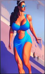 abigail_ratchford ai_generated black_hair blue-tinted_eyewear blue_dress dream_(ai) huge_breasts muscular muscular_arms muscular_female silver_tiara sunglasses tiara tinted_eyewear wavy_hair