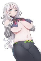 1girls aged_up alternate_breast_size arm_warmers bangs belly belly_button big_breasts black_gloves blunt_bangs blush blushing blushing_at_viewer breasts covered_nipples female female_focus female_only gloves green_eyes grey_hair grey_pants hololive hololive_gen_2 hololive_japan large_breasts light-skinned_female light_skin long_hair looking_at_viewer meme50 murasaki_shion navel no_bra open_mouth pale-skinned_female pale_skin pants pinstripe_pattern shirt simple_background skindentation smile smiling_at_viewer solo solo_female solo_focus striped teeth teeth_showing teeth_visible underboob vertical_stripes virtual_youtuber white_background