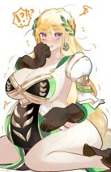 1girls absurdres bad_anatomy bangs big_belly blonde_hair blush braid breasts commission demeter_(fate) earrings embarrassed fate/grand_order fate_(series) female goddess green_vest hair_between_eyes hair_ornament hand_on_own_face highres huge_breasts jewelry kneeling leaf long_hair looking_at_viewer mature_female messy_hair milf nitric_acid no_panties open_mouth pregnant purple_eyes simple_background solo spread_legs sweat tears thick_thighs thighs trembling tsurime_vest white_background