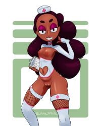 1girls artywitch clitoris connie_maheswaran costume dark-skinned_female dark_skin exposed_breasts exposed_pussy eyeshadow female fishnets navel_cutout navel_window nurse nurse_cap nurse_hat nurse_uniform pussy smile socks steven_universe thigh_socks thighhighs useless_clothing white_socks