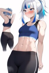 abs adjusting_hair ai_generated alternate_angle alternate_body_type alternate_hairstyle blue_eyes blush gawr_gura hololive hololive_english hololive_myth multicolored_hair muscular_female nai_diffusion ponytail small_breasts sports_bra stable_diffusion steam sweat sweating sweaty toned toned_female virtual_youtuber white_background white_hair yoga_pants