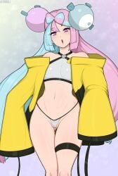 1girls afrobull blue_and_pink_hair blush breasts cameltoe clothing eye_contact female game_freak gym_leader hair_ornament happy hat human iono_(pokemon) jacket light_blue_hair light_skin long_hair looking_at_viewer nintendo pink_eyes pink_hair pokemon pokemon_(game) pokemon_sv sharp_teeth skimpy_clothes small_breasts smile solo standing sweat sweatdrop thick_thighs thighs thong two_tone_hair