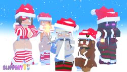 3d 4girls allie_the_ghost amber_green_(slipperyt) bia_prowell_(slipperyt) big_breasts black_skin bottomless casual_exposure casual_nudity christmas christmas_hat completely_nude_female enderwoman female female_only hair_over_breasts horny_female human_female humanoid jenny_belle_(slipperyt) living_plushie marie_prowell_(slipperyt) mine-imator minecraft multiple_girls nude_female outside plushie purple_eyes slipperyt snow tagme topwear