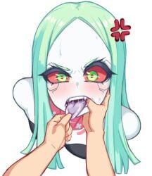 1girls angry breasts cyberpunk:_edgerunners cyberpunk_2077 cyborg face_focus female finger_in_mouth flat_chest flat_chested green_eyes green_hair hair_down long_hair rebecca_(edgerunners) red_sclera robot_humanoid saliva small_breasts tongue_out young_savage