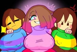 3girls annoyed bete_noire bete_noire_(mochikirb_style) betty_noire big_breasts brown_eyes brown_hair chara chara_(mochikirb_style) chara_dreemurr closed_eyes clothed clothing disappointed female_only frisk frisk_(mochikirb_style) glitchtale grin happy large_breasts medium_breasts mochikirb multicolored_hair multiple_girls nipple_bulge pale_skin pants pink_eyes pink_hair skirt sweater tan_skin turtleneck undertale undertale_(series) undertale_fanfiction white_skin yellow_skin