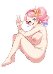 1girls bad_id blue_eyes blush breasts cleanerjay drill_hair earrings female hair_ornament hair_ribbon hi_res large_breasts looking_at_viewer naked nintendo nipples nude nude_female peace_sign pink_hair pokemon pokemon_bw2 sitting solo tongue tongue_out white_background yancy_(pokemon)