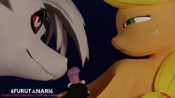 6furutanari6 anthro_on_feral applejack_(mlp) handjob hellhound helluva_boss horse horsecock loona_(helluva_boss) my_little_pony smooth_skin