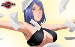 1girls adapted_costume alternate_costume armband armpits big_breasts bikini bikini_top blue_hair blush breast_focus breasts busty center_opening cleavage female female_only konan long_hair makeup mascara mature mature_female naruto naruto_(series) naruto_shippuden necroxxx orange_eyes paper piercing revealing_swimsuit skimpy skimpy_bikini solo solo_focus spread_arms swimsuit underboob upper_body