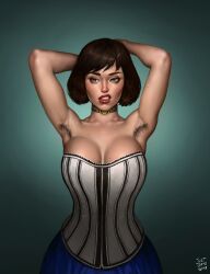 1girls armpit armpit_hair armpit_sweat armpits arms_up bare_shoulders big_breasts bioshock bioshock_infinite blue_eyes breasts brown_hair busty choker cleavage corset elizabeth_comstock eyeshadow female female_armpit_hair female_focus female_only hourglass_figure justsomenoob large_breasts lips lipstick lipstick_smear make-up make_up makeup mascara mascara_tears realistic red_lips red_lipstick short_hair skirt smeared_lipstick sweat sweatdrop sweating sweaty