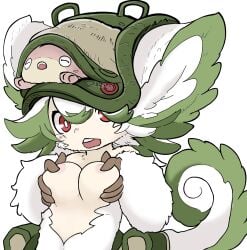 animal_ears anthro areolae breast_grab breast_hold breasts_out cleavage curled_tail female female_only fluffy fluffy_ears fluffy_hair fur grabbing_own_breast green_fur green_hair headgear headwear looking_at_viewer made_in_abyss medium_breasts meinya narehate nipple_poke pale-skinned_female pale_skin prushka red_eyes self_fondle skyball solo tail two_tone_fur two_tone_hair upper_body white_fur white_hair